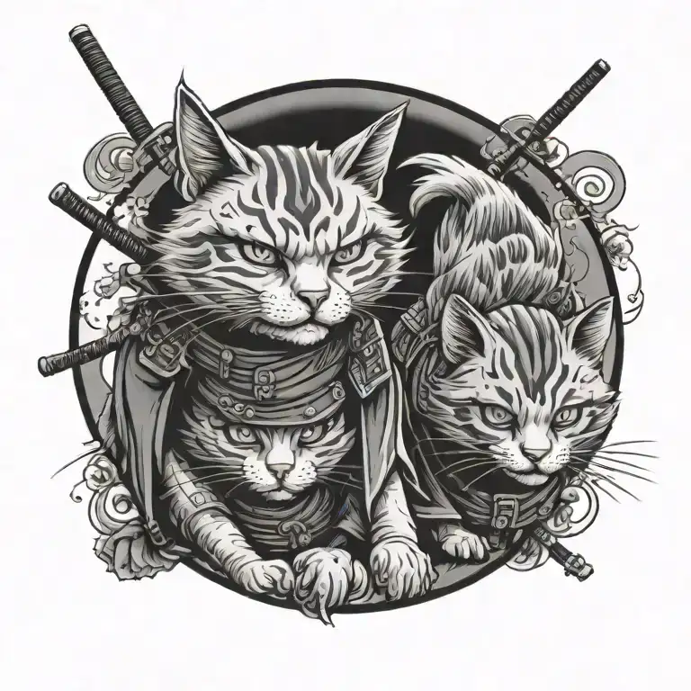 two twin samurai cats in a Japanese town  tattoo design idea