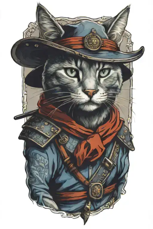 Russian blue cat samurai warrior. full body with hat.  tattoo design idea