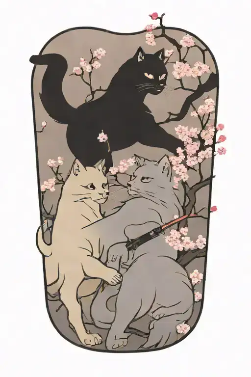 two samurai warrior cats fighting stance surrounded by cherry blossoms tattoo design idea