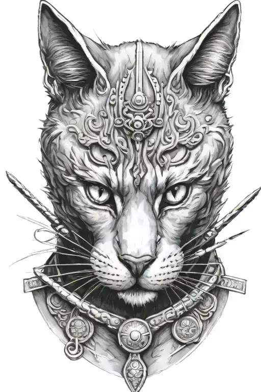 Russian blue cat samurai warrior. I want the whole body of the cat.  tattoo design idea