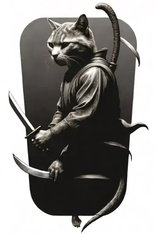 two cat samurai warriors standing back to back to back  tattoo design idea