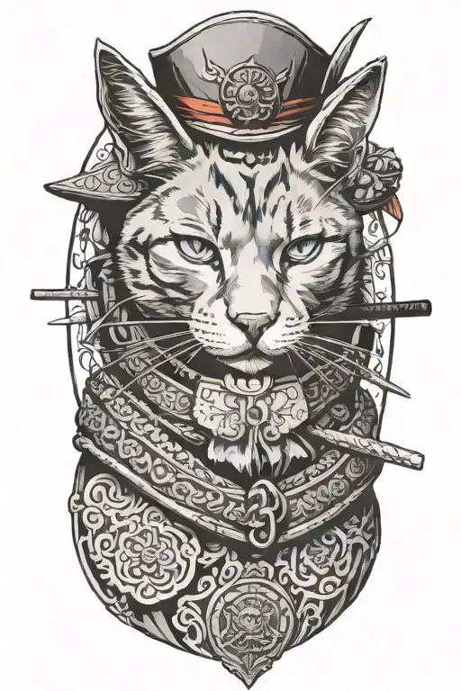 Russian blue cat samurai warrior. full body with samurai hat.  tattoo design idea
