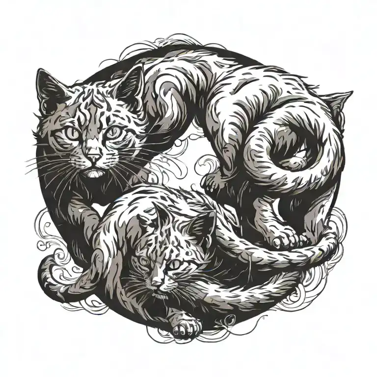 two cats walking next to each other. viewed from the sky so you see their backs, top view only. symbolize ying and yang  tattoo design idea