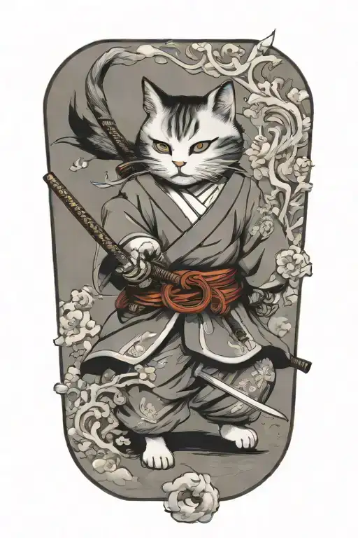samurai cat in fighting stance tattoo design idea