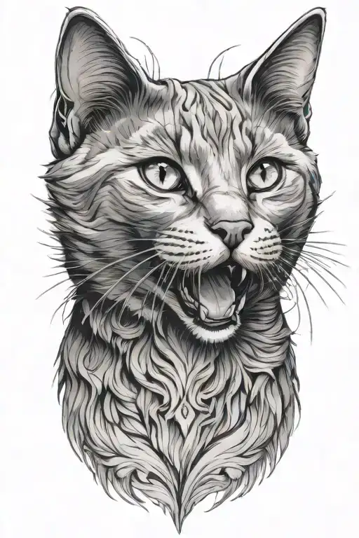 Russian blue cat breed face with open mouth. side profile  tattoo design idea
