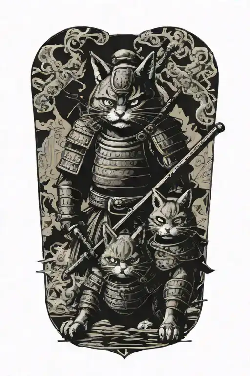 two samurai cats. full body. tattoo design idea