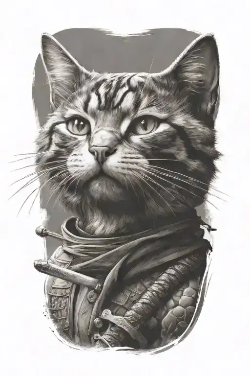 samurai cat warrior with sword. full body. dark realism.   tattoo design idea