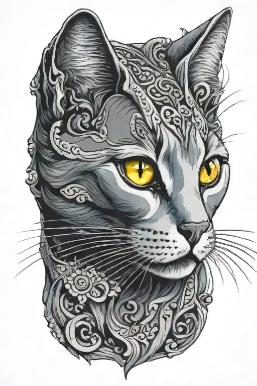 Russian blue cat breed face. OPEN MOUTH. Side profile view.  tattoo design idea