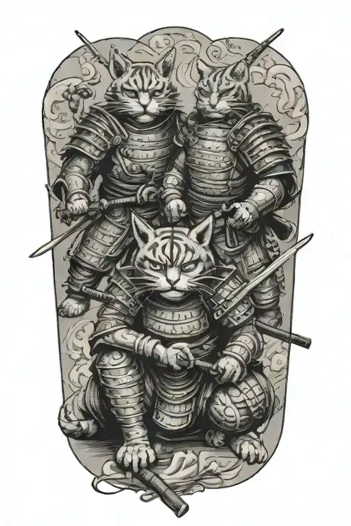 2 samurai cats. full body. tattoo design idea