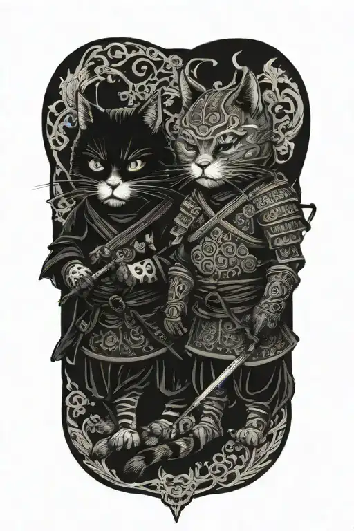 two samurai cats. full body. tattoo design idea