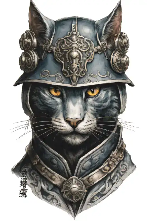 head to toe Russian blue cat samurai warrior battling tattoo design idea