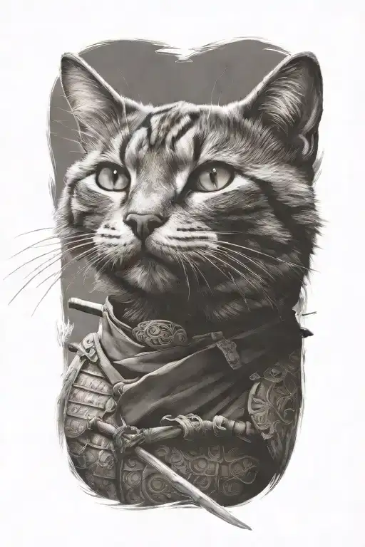 samurai cat warrior with sword. dark realism.   tattoo design idea
