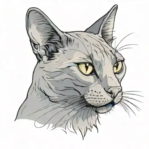Russian blue cat breed face with open mouth. Side profile view.  tattoo design idea