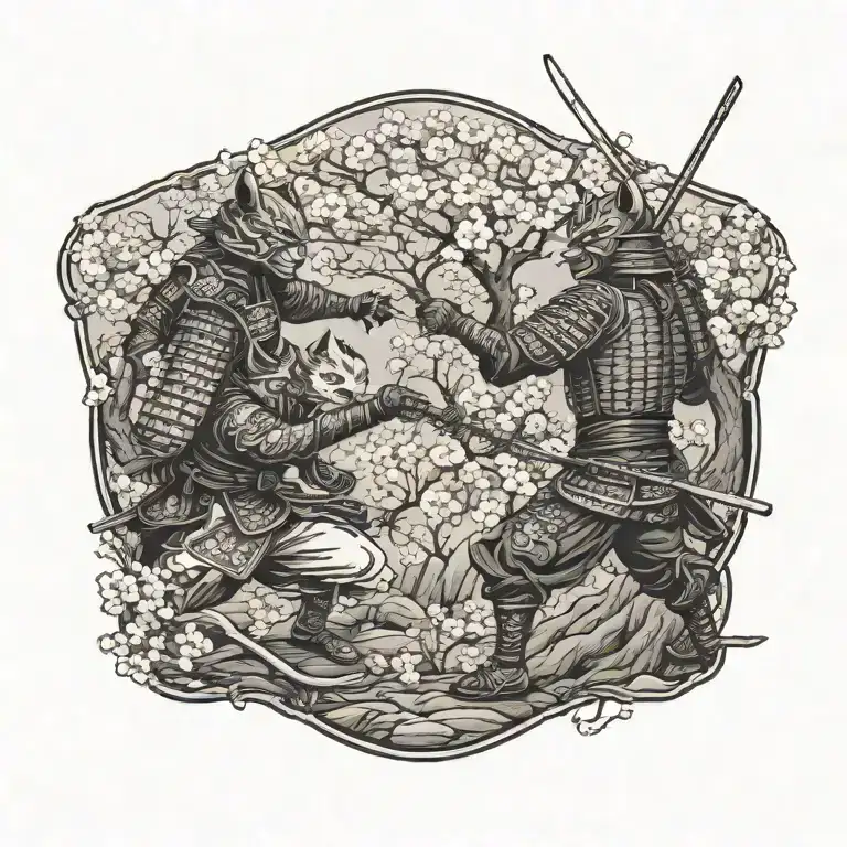 two samurai warrior cats fighting stance surrounded by cherry blossoms tattoo design idea