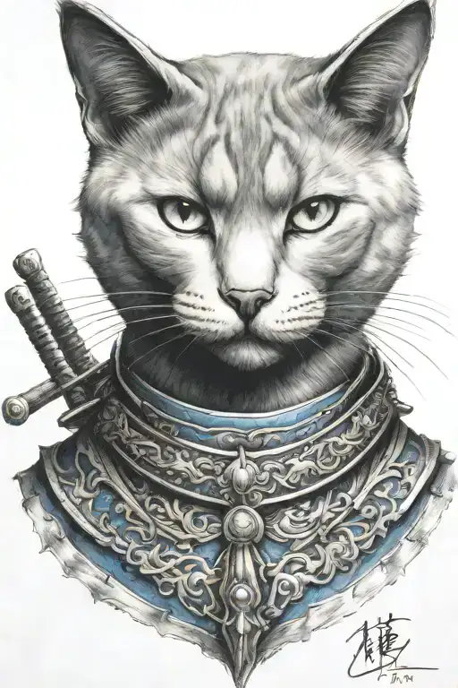 Russian blue cat samurai warrior. I want the whole body of the cat.  tattoo design idea