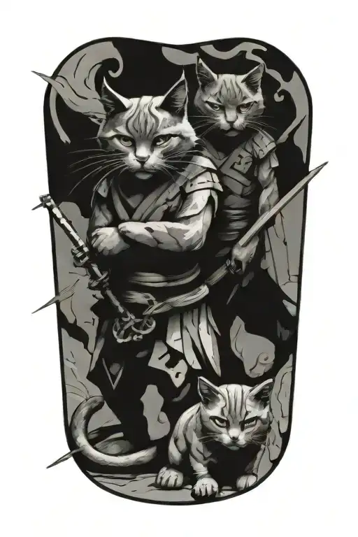 two samurai cats. full body. tattoo design idea