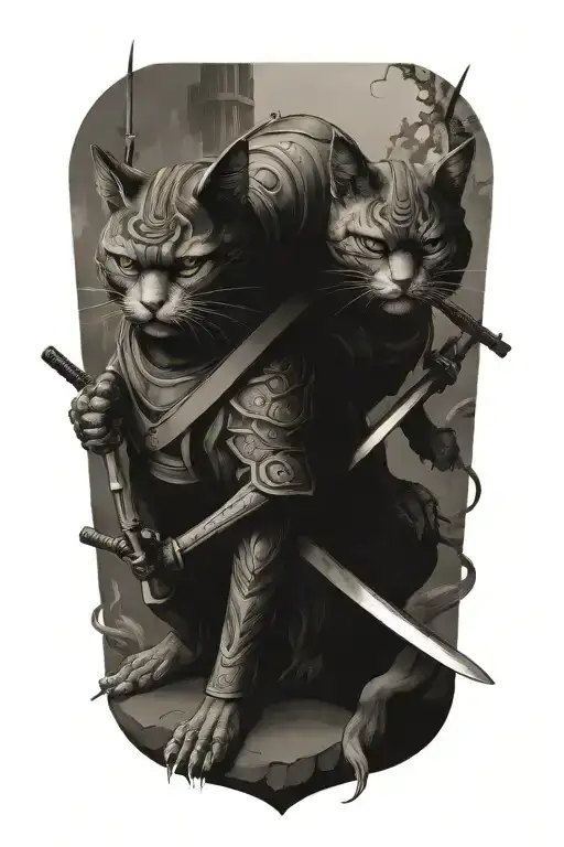 two samurai cats. full body. tattoo design idea