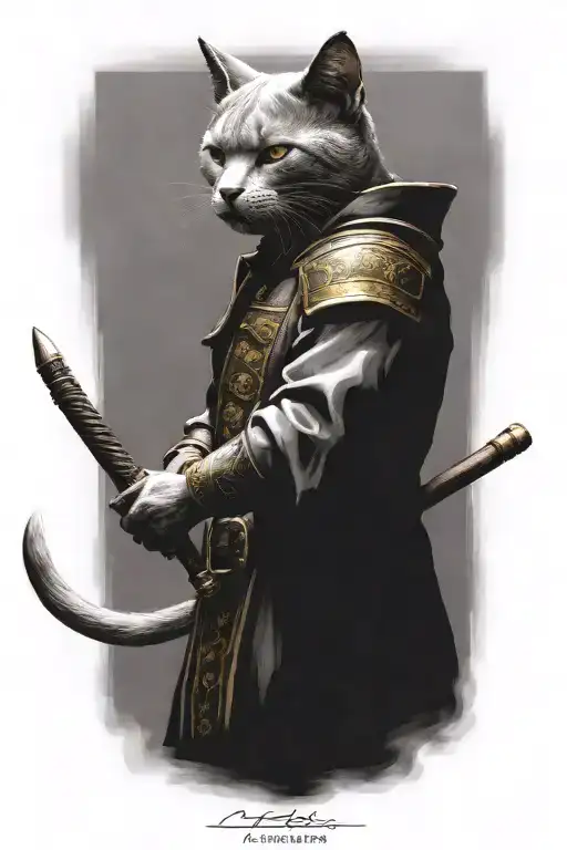 change clothing to red. make cat fur all grey. make eyes yellow/green  tattoo design idea