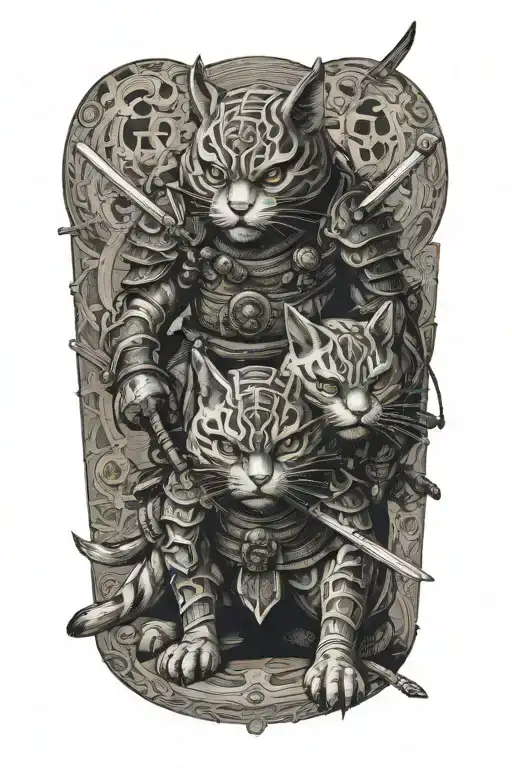 two samurai cats. full body. tattoo design idea