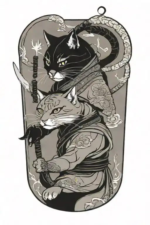 2 samurai warrior cats. full body. tattoo design idea