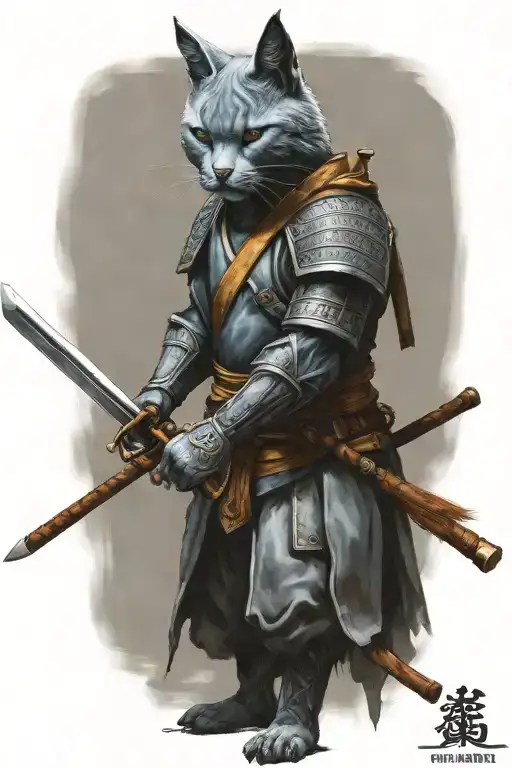 head to toe Russian blue cat samurai warrior battling tattoo design idea
