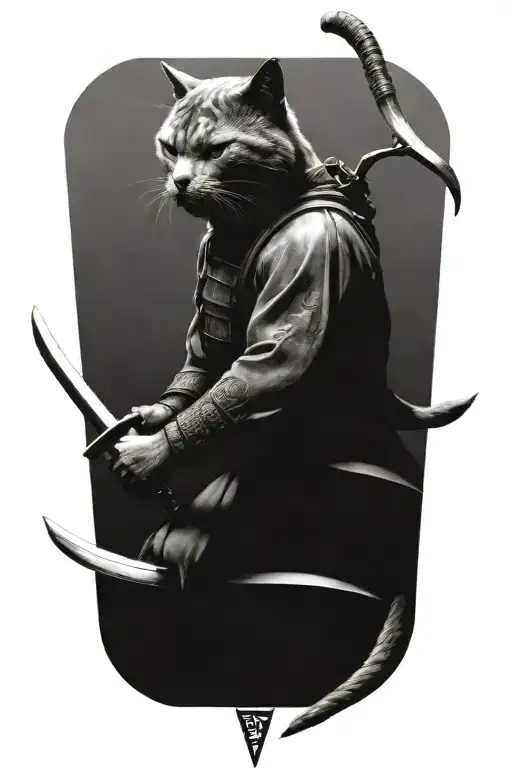 head to toe grey cat samurai warrior battling each other tattoo design idea