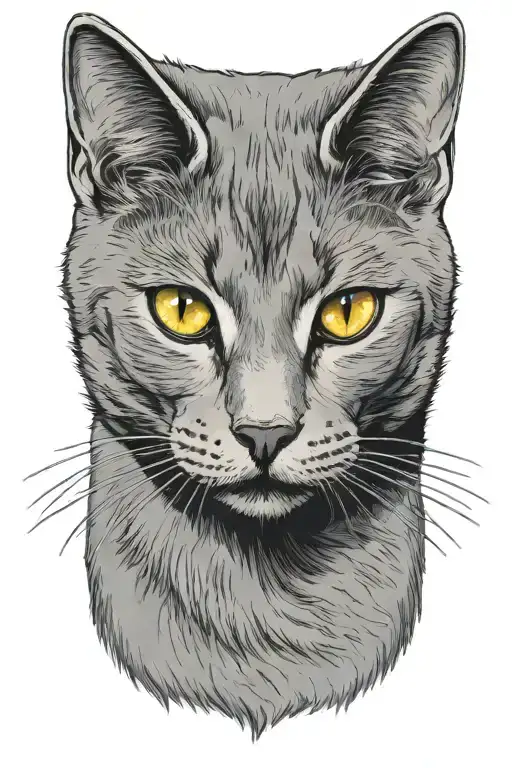 Russian blue cat breed face with open mouth. side profile  tattoo design idea