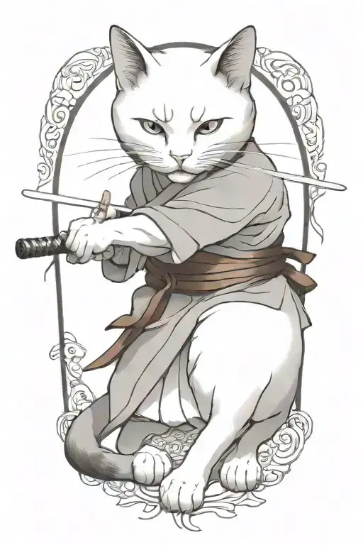 gray samurai cat warrior in crouched fighting stance  tattoo design idea