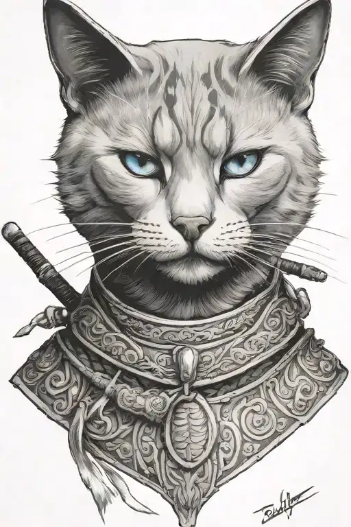 head to toe Russian blue cat samurai warrior. I want the whole body of the cat.  tattoo design idea