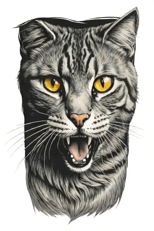 grey cat face side profile with open mouth wide open tattoo design idea
