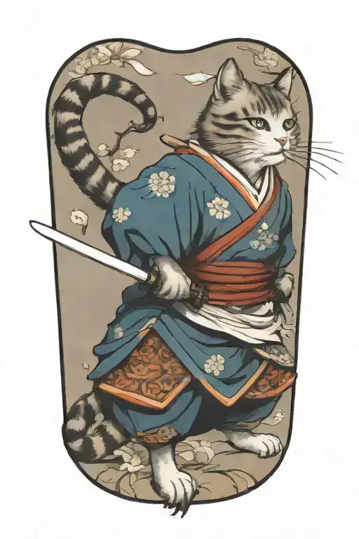 samurai cat in fighting stance tattoo design idea