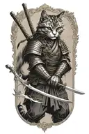 samurai warrior cat. dark realism. fighting stance. holding sword.  tattoo design idea