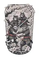 two samurai warrior cats fighting stance surrounded by cherry blossoms tattoo design idea