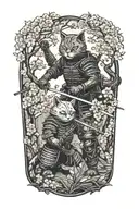 two samurai warrior cats fighting stance surrounded by cherry blossoms tattoo design idea