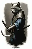 head to toe Russian blue cat samurai warrior battling tattoo design idea