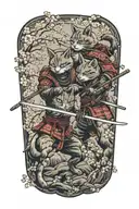 two samurai warrior cats fighting stance surrounded by cherry blossoms tattoo design idea