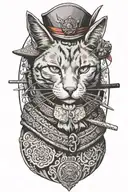Russian blue cat samurai warrior. full body with samurai hat.  tattoo design idea