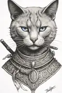 head to toe Russian blue cat samurai warrior. I want the whole body of the cat.  tattoo design idea