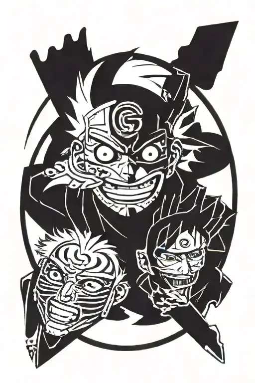 A circular tatto were in the circle on the left is the bleach anime main character mask, transitioning to the naruto ani tattoo design idea