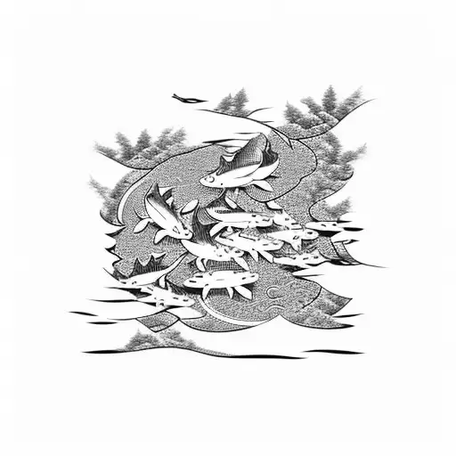 Japanese mountain river and koi fish landscape tattoo design idea