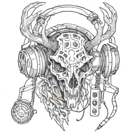 A sketch style tattoo of a deer skull with headphones on, merging the client's interests in hunting and heavy metal music tattoo design idea