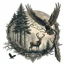 A mystical forest scene with a deer and a hawk symbolizing the connection between hunting and spirituality tattoo design idea