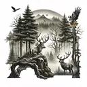 A mystical forest scene with a deer and a hawk symbolizing the connection between hunting and spirituality tattoo design idea