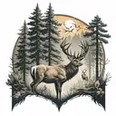 A mystical forest scene with a deer and a hawk symbolizing the connection between hunting and spirituality tattoo design idea