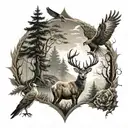 A mystical forest scene with a deer and a hawk symbolizing the connection between hunting and spirituality tattoo design idea