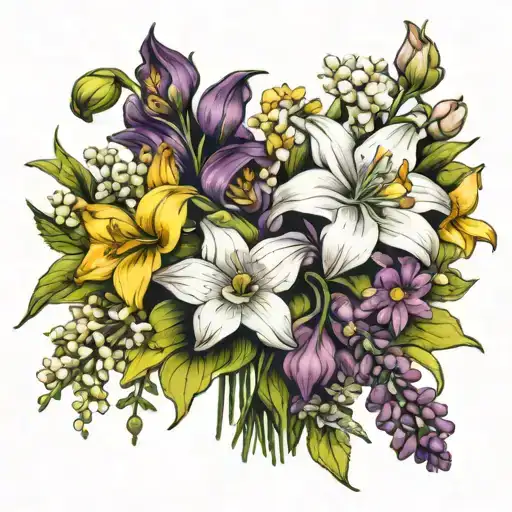 bouquet of flowers including daffodil,sweet pea, lily of the valley, honeysuckle,larkspur and cosmos  tattoo design idea