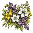 bouquet of flowers including daffodil,sweet pea, lily of the valley, honeysuckle,larkspur and cosmos  tattoo design idea