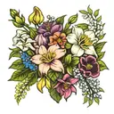 bouquet of flowers including daffodil,sweet pea, lily of the valley, honeysuckle,larkspur and cosmos  tattoo design idea