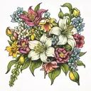 bouquet of flowers including daffodil,sweet pea, lily of the valley, honeysuckle,larkspur and cosmos  tattoo design idea