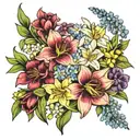bouquet of flowers including daffodil,sweet pea, lily of the valley, honeysuckle,larkspur and cosmos  tattoo design idea